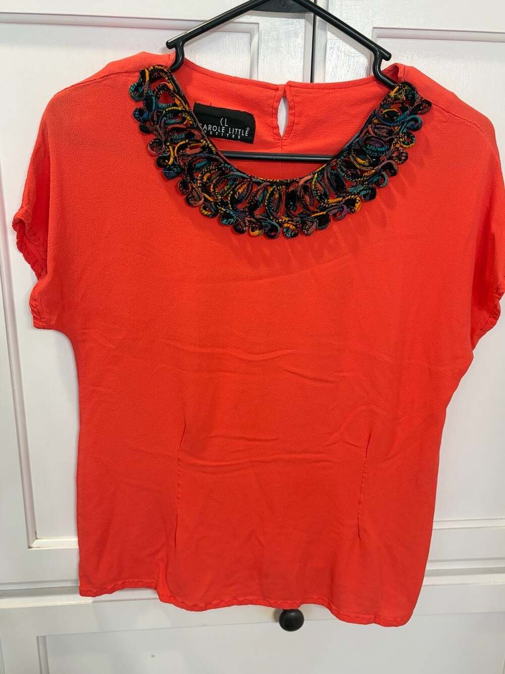 Carole Little Petites Orange Short Sleeve Blouse with Embroidered Neckline